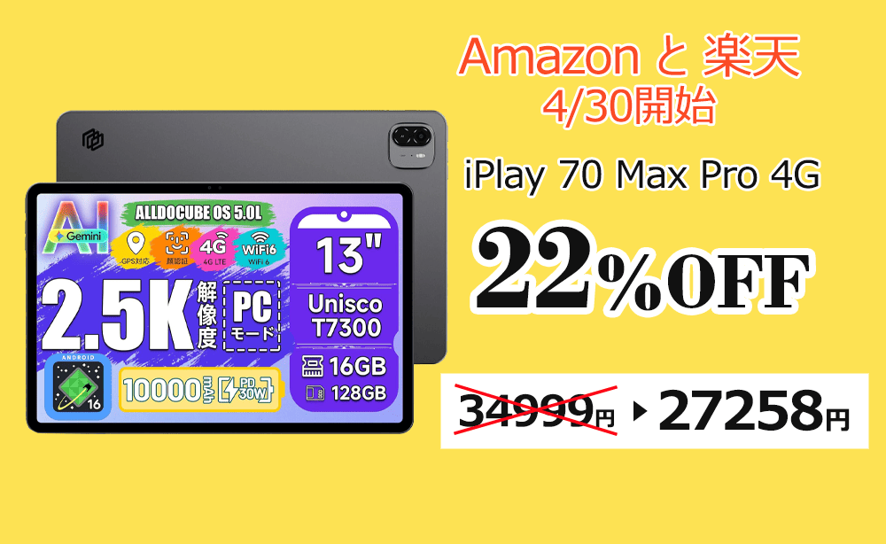 ALLDOCUBE iPlay 70 Max Pro 4G　セール価格