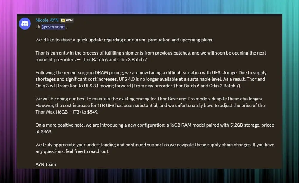 AYN製品　値上げ・スペック変更